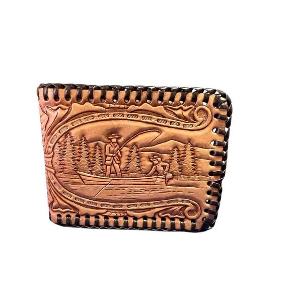 Vintage Tooled Leather Wallet Fisherman Bass Lake Scene USA Outdoorsman Gift - Picture 1 of 5